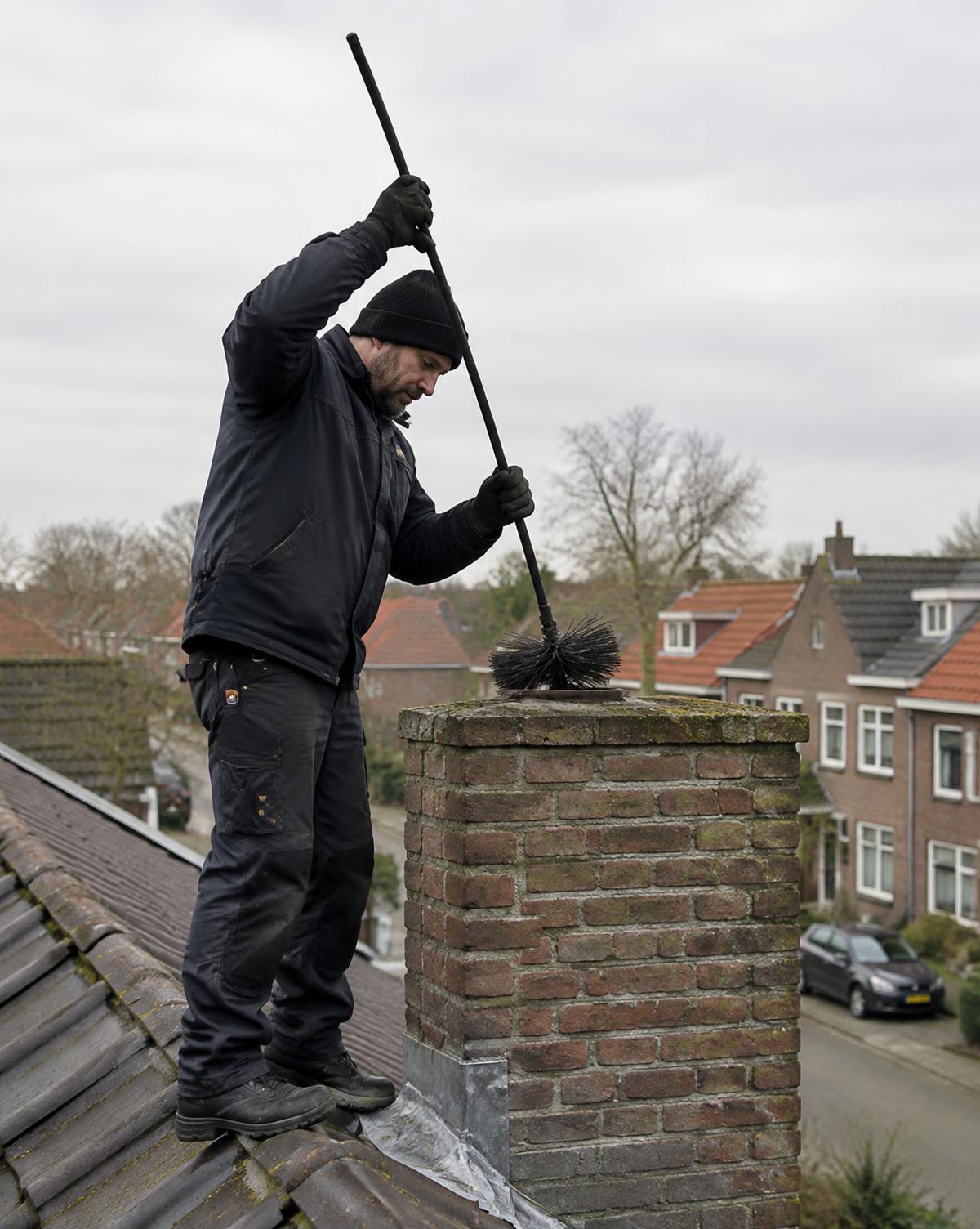 Schoorsteenveger aan het werk op het dak van een woning