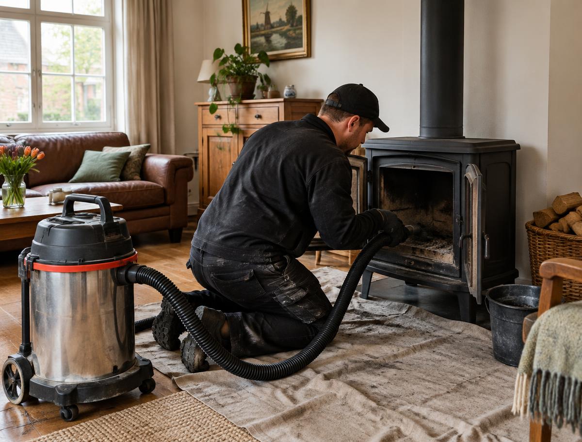 Voorbeeld van schoorsteenveegwerk met roetafzuiging bij een houtkachel